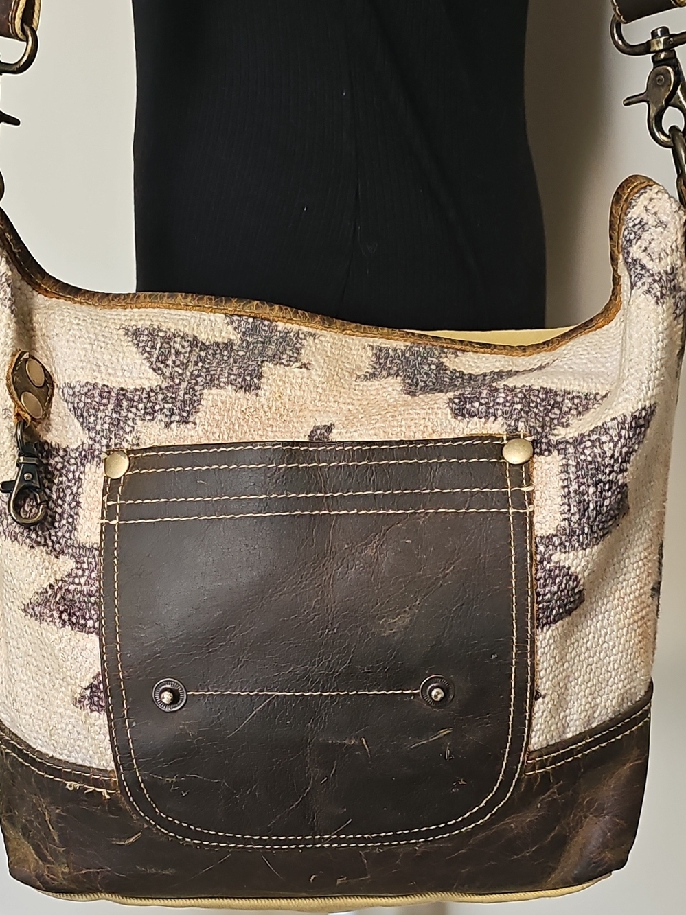 Myra Bag Cream Woven Shoulder Bag with Brown Leather Trim